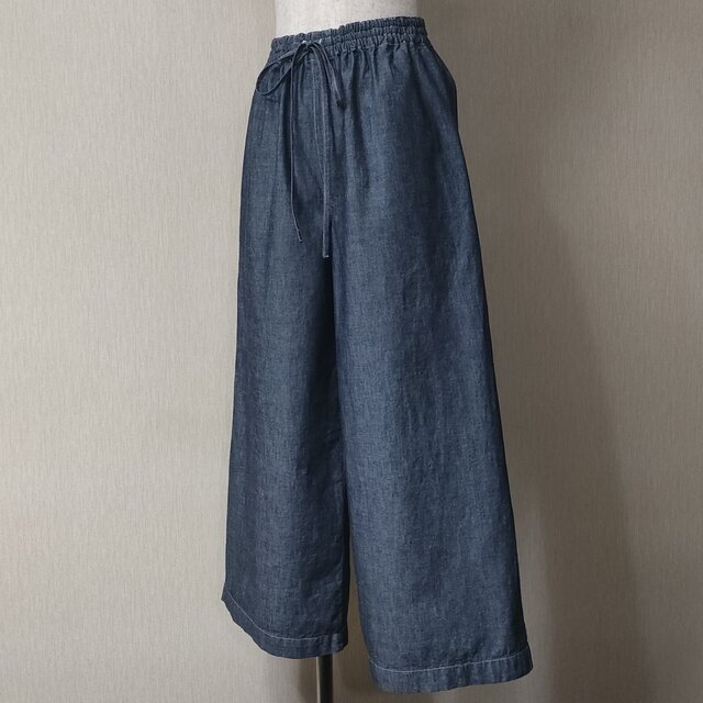 ダークネイビーシャンブレー(グレー系) ワイドパンツ 配色ステッチ 綿