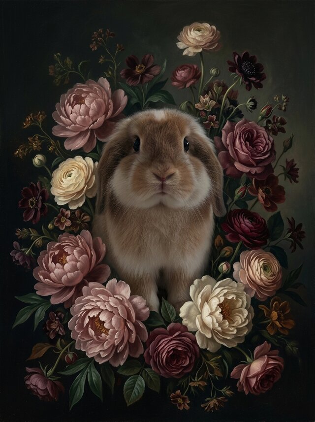 うさぎ（アメリカンファジーロップ）の花の油絵風アート A4金縁額装