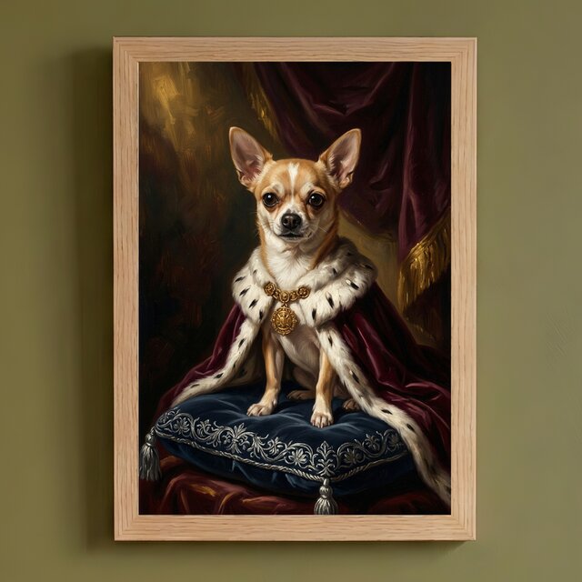 アンティークの犬の油彩画 ＊油絵 犬（チワワ）のルネサンス風肖像画 油絵風アートA4額装インテリア