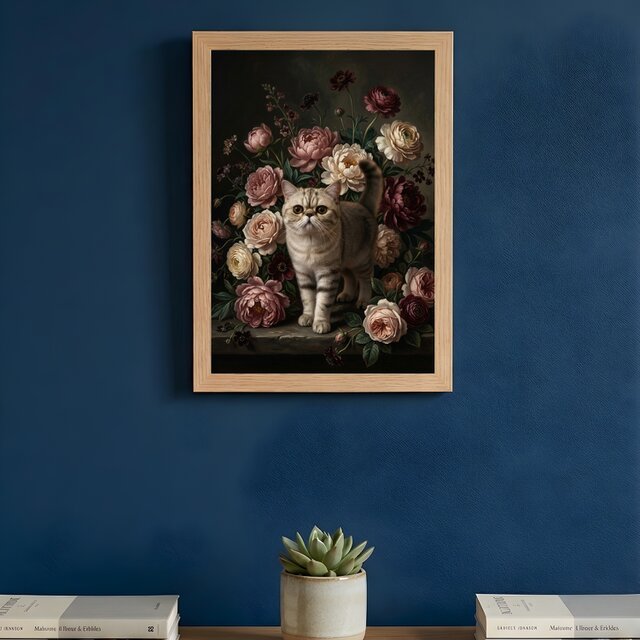 猫（エキゾチックショートヘア）の花の油絵風アート A4額装インテリア