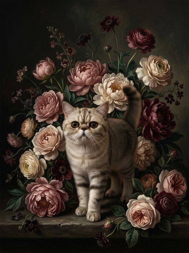 猫（エキゾチックショートヘア）の花の油絵風アート A4額装インテリア