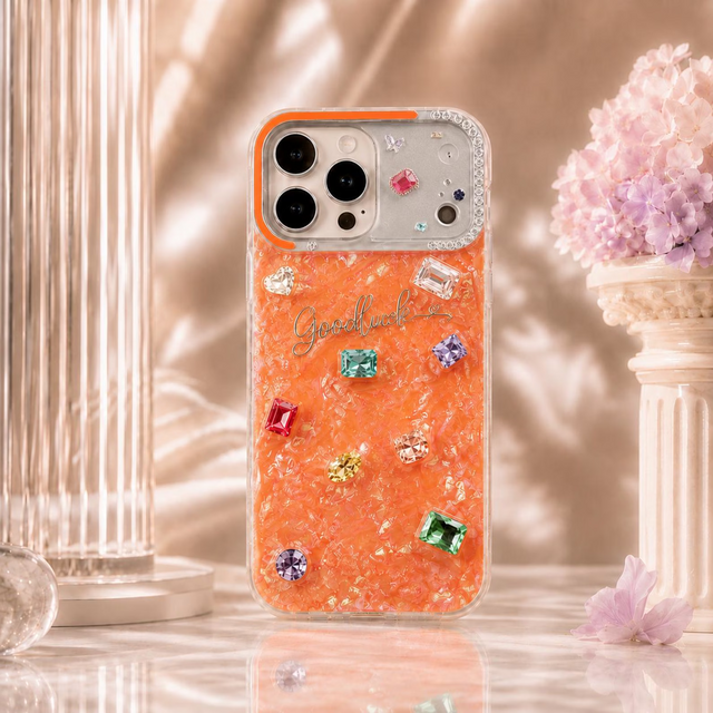 名入れオーロラシェル風ビジュー iPhoneケース｜17〜13・Air対応
