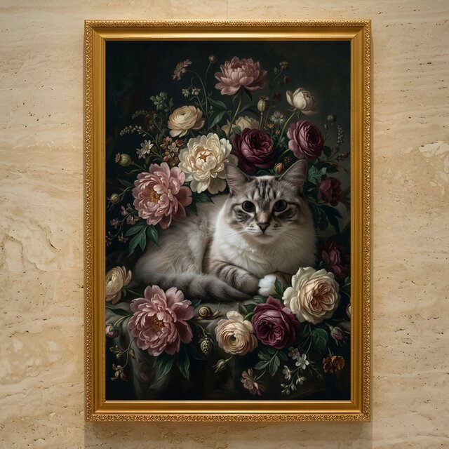 猫（ラグドール）の花に囲まれた油絵風アート A3額装インテリア壁掛け