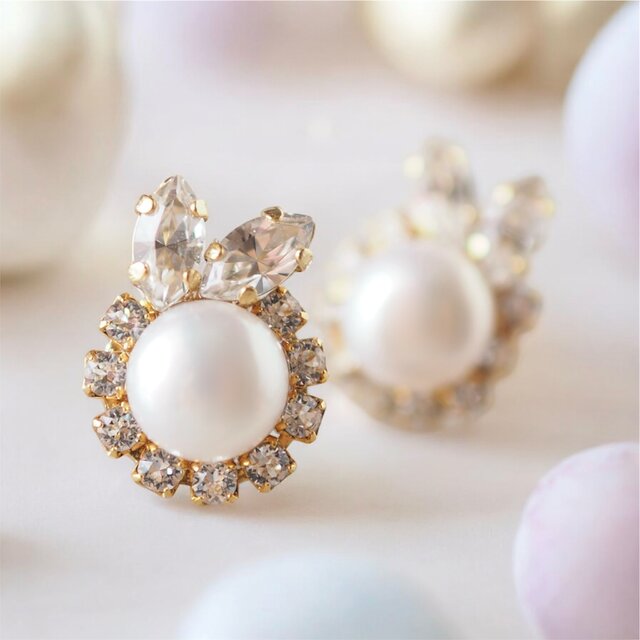 淡水パール×スワロフスキー＊うさぎのビジューピアス／イヤリング