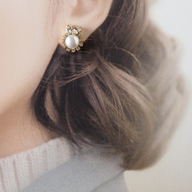 淡水パール×スワロフスキー＊うさぎのビジューピアス／イヤリング