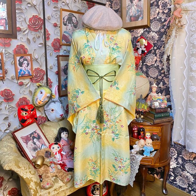 着物 リメイク ワンピース ドレス 洗える 化繊 帯 和洋折衷 やわらかな