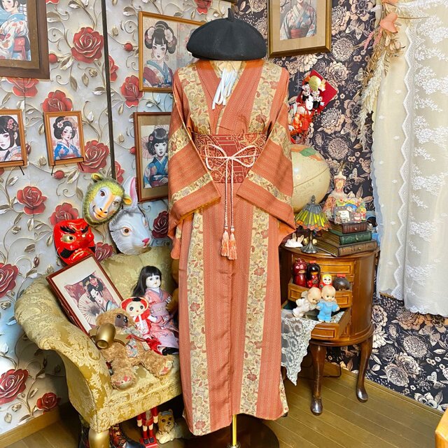 着物 リメイク ロングワンピース ドレス 洗える 化繊 帯 和洋折衷 