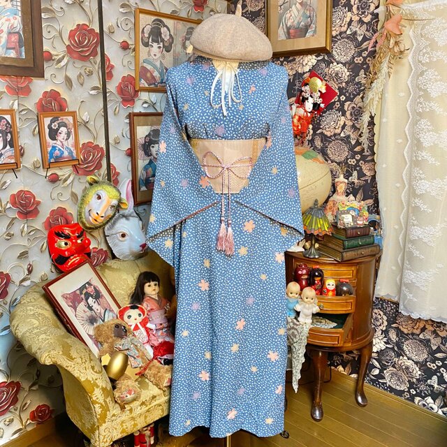 着物 リメイク ロングワンピース ドレス 洗える 化繊 和洋折衷 花が