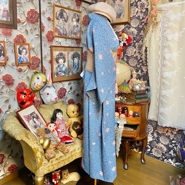 着物 リメイク ロングワンピース ドレス 洗える 化繊 和洋折衷 花が