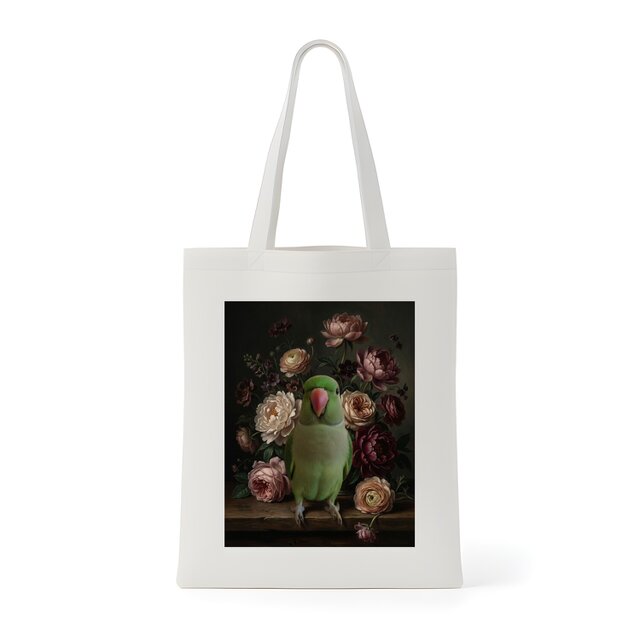 インコ（ワカケホンセイインコ）トートバッグ 花の油絵風アート