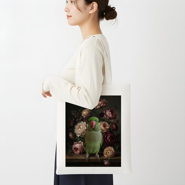 インコ（ワカケホンセイインコ）トートバッグ 花の油絵風アート