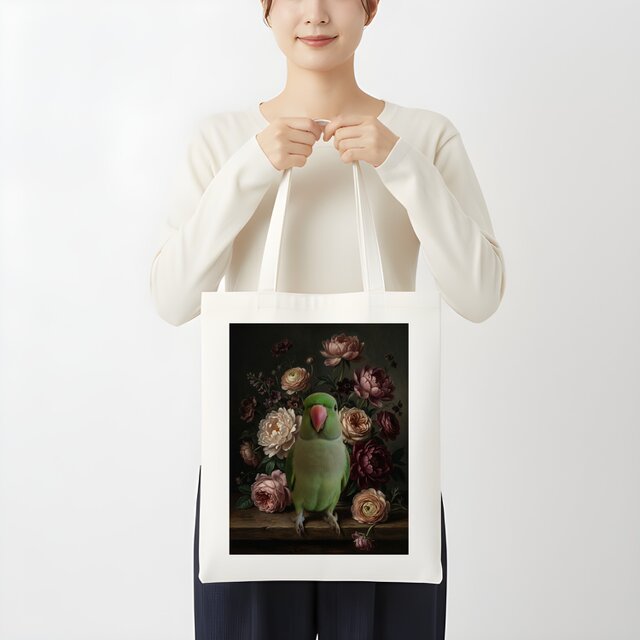インコ（ワカケホンセイインコ）トートバッグ 花の油絵風アート