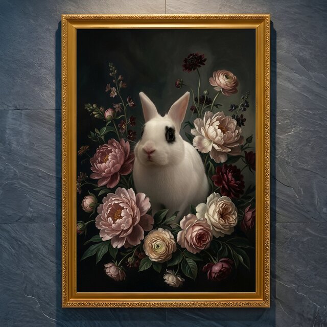 うさぎ（ドワーフホト）の花に囲まれた油絵風アート A4金縁額装