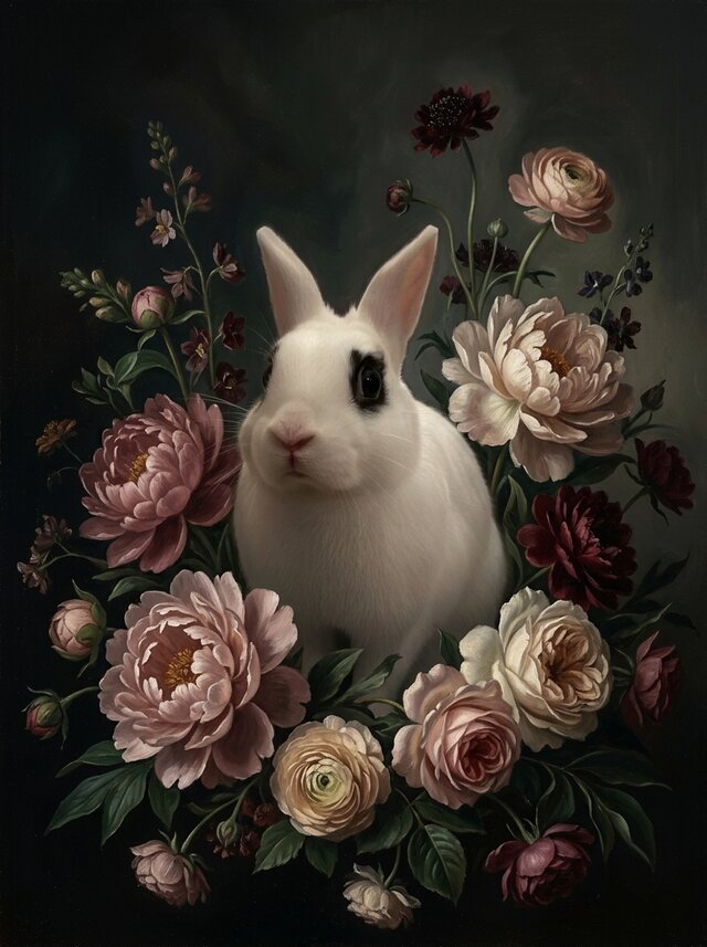 うさぎ（ドワーフホト）の花に囲まれた油絵風アート A4金縁額装