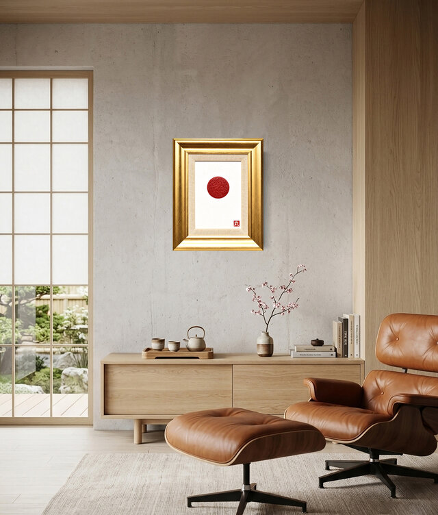 まると心で一つになるアート○太陽 がんどうあつし油絵画原画SM額付