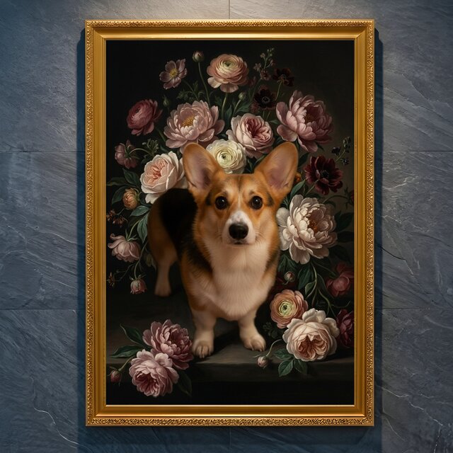 犬（コーギー）の花に囲まれた油絵風アート A4金縁額装インテリア