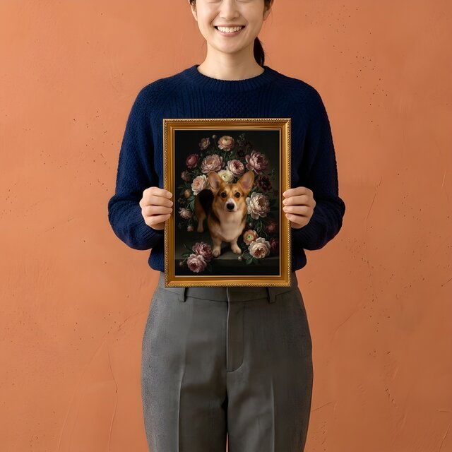 犬（コーギー）の花に囲まれた油絵風アート A4金縁額装インテリア