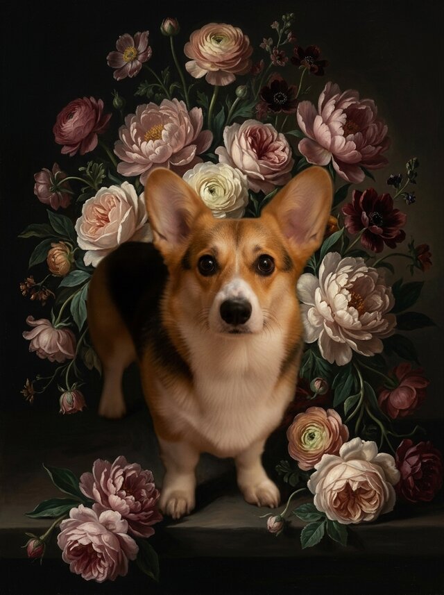 犬（コーギー）の花に囲まれた油絵風アート A4金縁額装インテリア