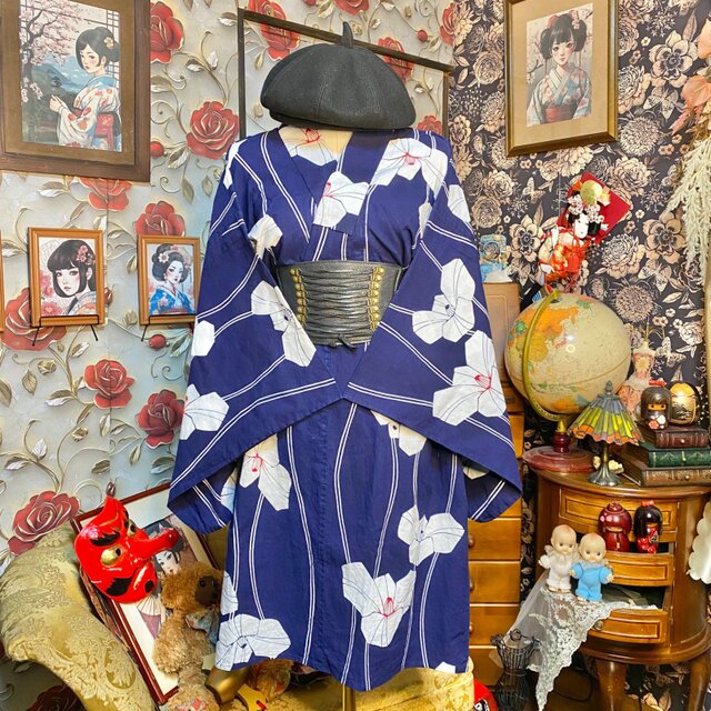 藍染浴衣リメイク ミニミディ ワンピース ドレス 綿100％ 和洋折衷