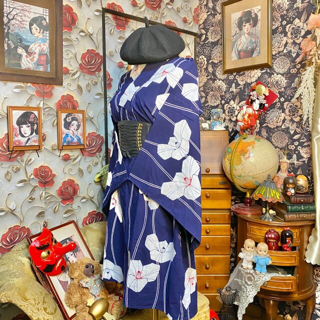 浴衣リメイク　ワンピース 藍染浴衣リメイク ミニミディ ワンピース ドレス 綿100％ 和洋折衷