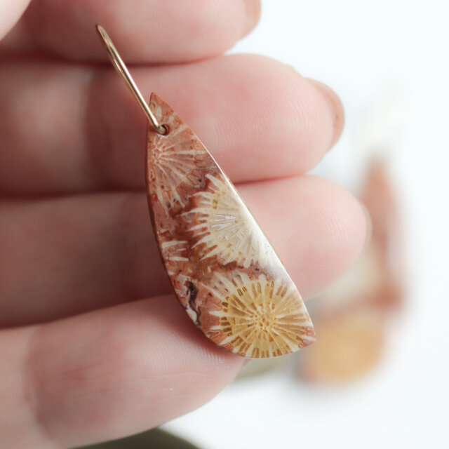 時間を纏う・花模様のフォッシルコーラルピアス｜天然石 一点もの 菊目