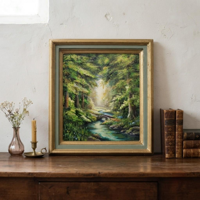 油絵【深緑に溶ける光の記憶】新緑 初夏 森 風景画 絵画 額縁付き