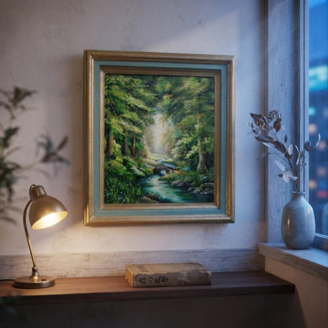 油絵【深緑に溶ける光の記憶】新緑 初夏 森 風景画 絵画 額縁付き