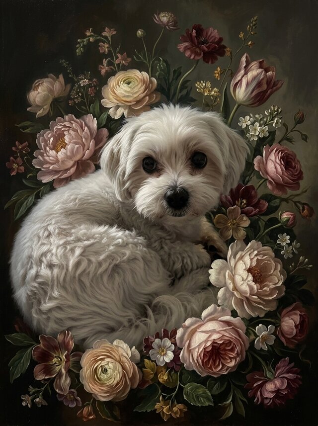 犬（マルチーズ）の花に囲まれた油絵風アート A4額装インテリア壁掛け