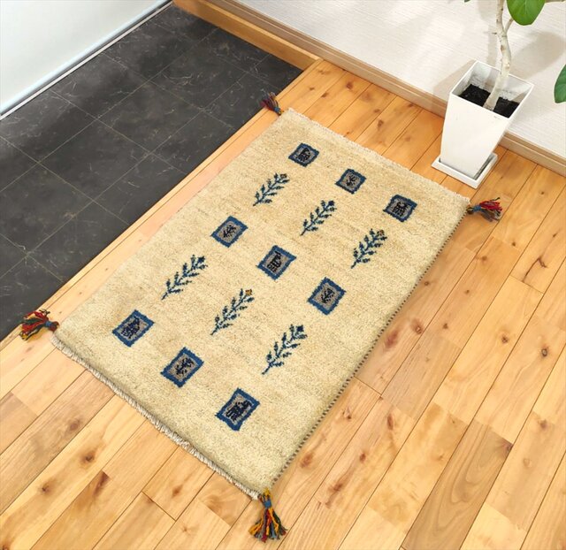 ハンドメイド 天然ウール ペルシャ ギャッベ 玄関マット 90x60