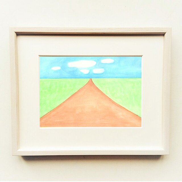 原画・風景画】「一本道」※木製額縁入り（インチサイズ）・水彩