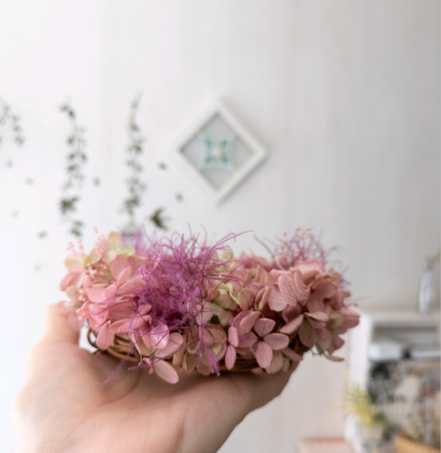 ふわふわ秋色グラデーション│スモークツリーと紫陽花ミニリース 夏