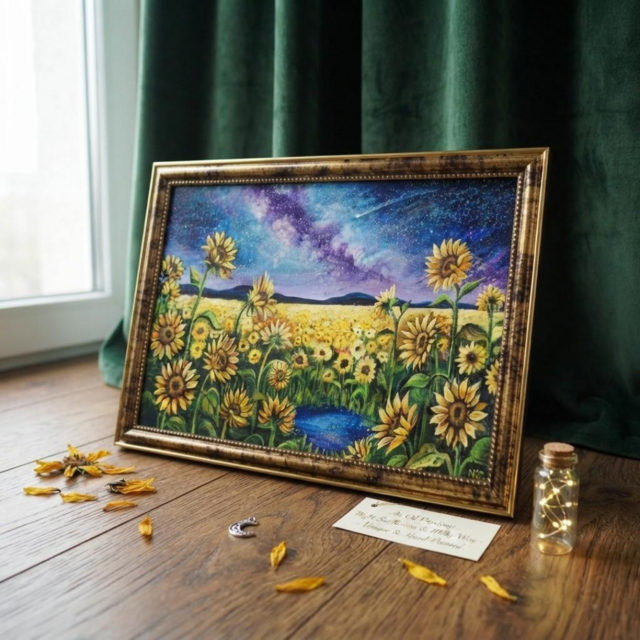 油彩画 A4原画「星巡る丘のひまわり」アンティーク調額縁入り / 大人の