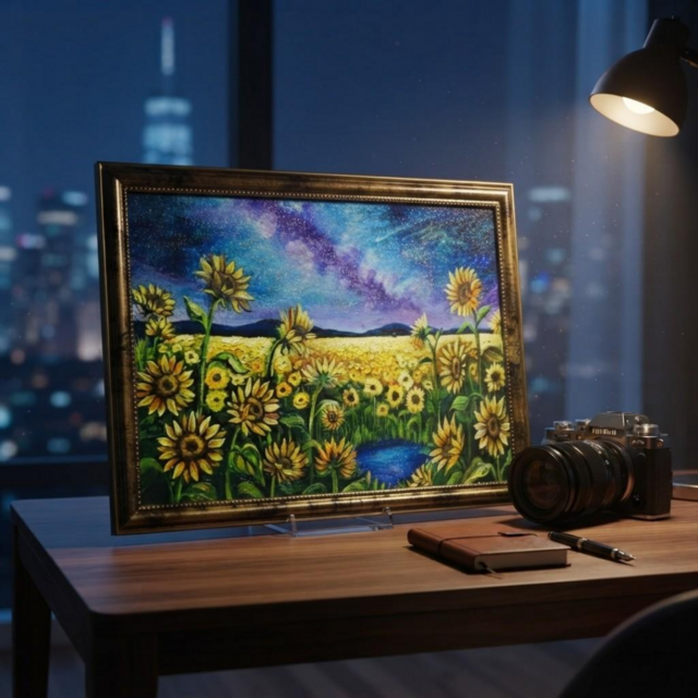 『綻びの肖像』 油彩画 SM 原画 一点物 インテリア 開運 油彩画 A4原画「星巡る丘のひまわり」アンティーク調額縁入り / 大人の