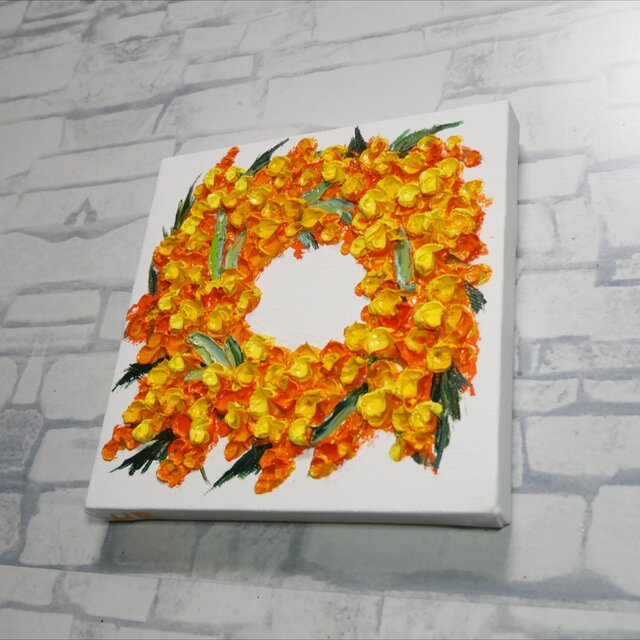 油絵 原画「幸福を呼ぶミモザリース」 絵画 アートパネル インテリア