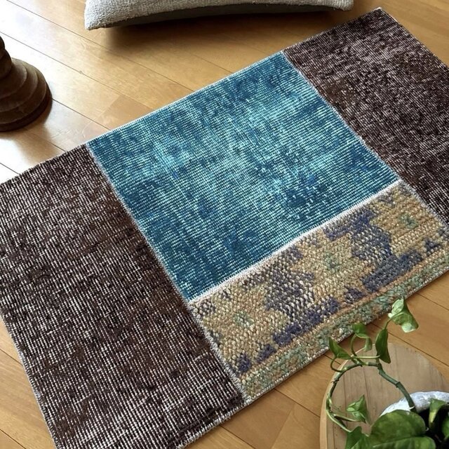【トルコヴィンテージ】アスプルンド　ASPLUND｜200×140｜パッチワーク 50×87 パッチワーク ターコイズブルー×ブラウン トルコヴィンテージ