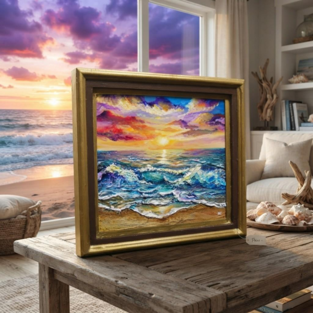 絵画 油絵【輝き満ちる海の夜明け】玄関やリビングの彩りに インテリア