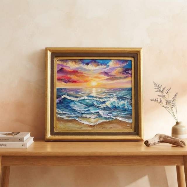 絵画 油絵【輝き満ちる海の夜明け】玄関やリビングの彩りに インテリア