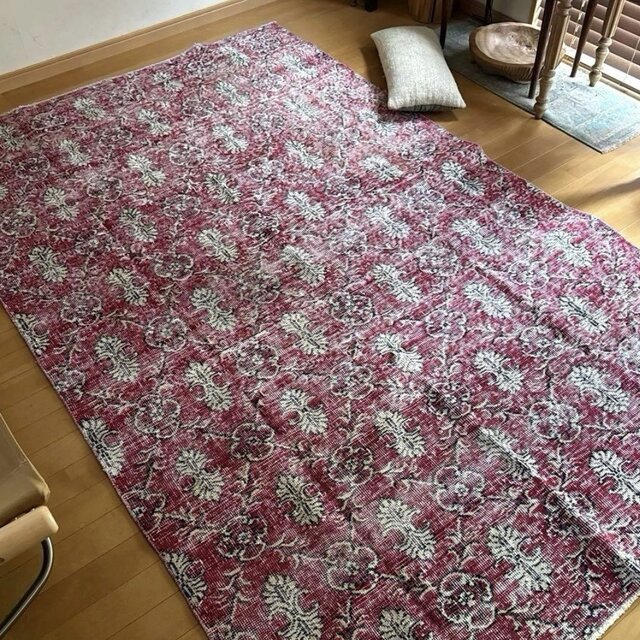 レア大判146×232 深みあるレッド 紋章×ボタニカル トルコヴィンテージ