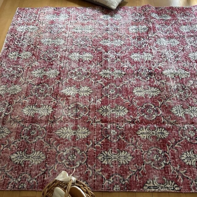 レア大判146×232 深みあるレッド 紋章×ボタニカル トルコヴィンテージ