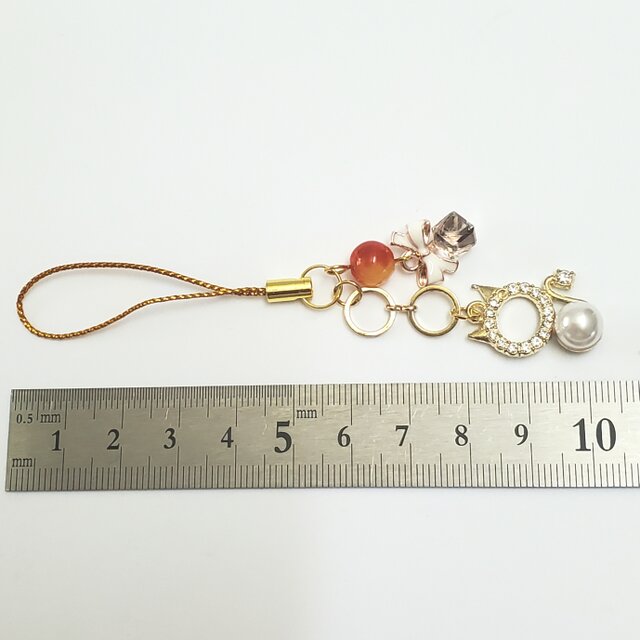 天然石＊キャンディジェイド＊オレンジカラー＊猫＊リボン＊ストラップ