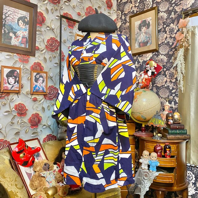 訳あり】浴衣リメイク ミニミディワンピース ドレス 和洋折衷 レトロ