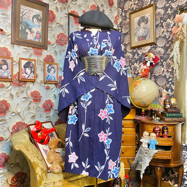 訳あり】藍染浴衣リメイク ワンピース ドレス 和洋折衷 可憐な花々が