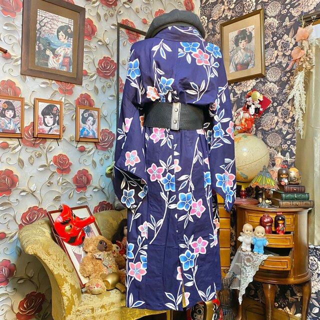 訳あり】藍染浴衣リメイク ワンピース ドレス 和洋折衷 可憐な花々が