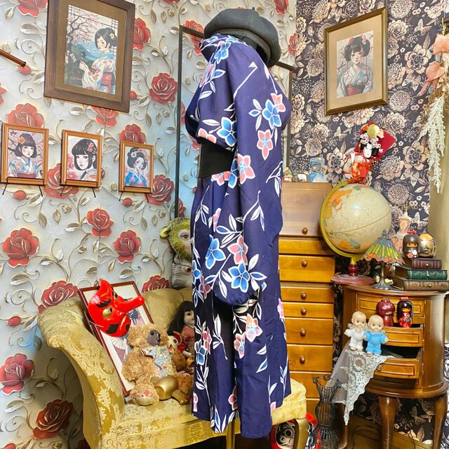 訳あり】藍染浴衣リメイク ワンピース ドレス 和洋折衷 可憐な花々が