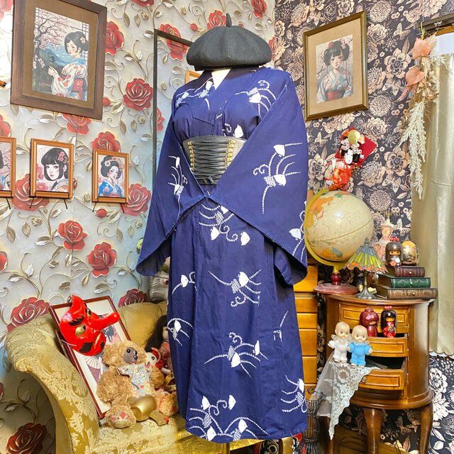 訳あり】藍染浴衣リメイク ワンピース ドレス 和洋折衷 愛らしい千鳥が