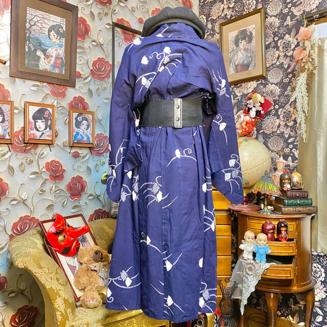訳あり】藍染浴衣リメイク ワンピース ドレス 和洋折衷 愛らしい千鳥が