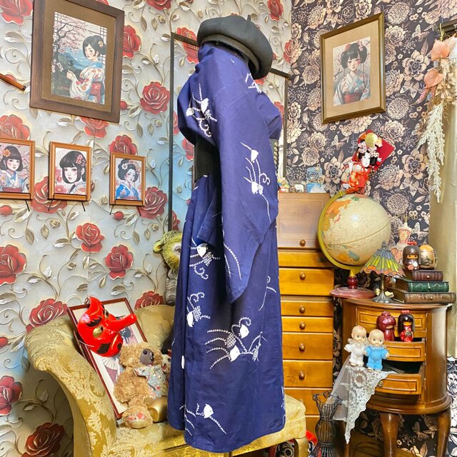 訳あり】藍染浴衣リメイク ワンピース ドレス 和洋折衷 愛らしい千鳥が