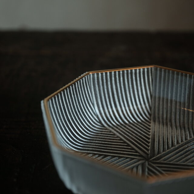 美しい形状◇プレスガラス八角金彩小鉢 vintage retro ガラス食器