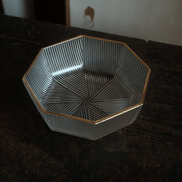 美しい形状◇プレスガラス八角金彩小鉢 vintage retro ガラス食器