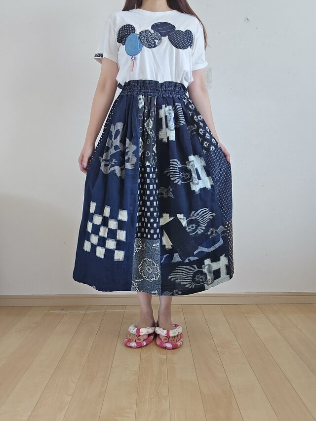 着物リメイク 手作り 絵がすり 型染め 絣パッチワーク スカート